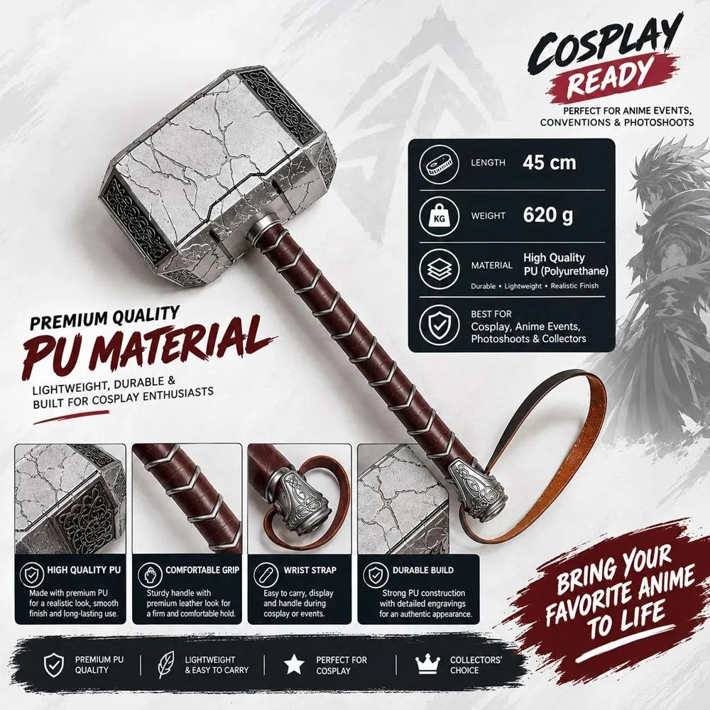 Thunderbolt Thor Hammer 45cm With Wrist Strap (Opp Packing)